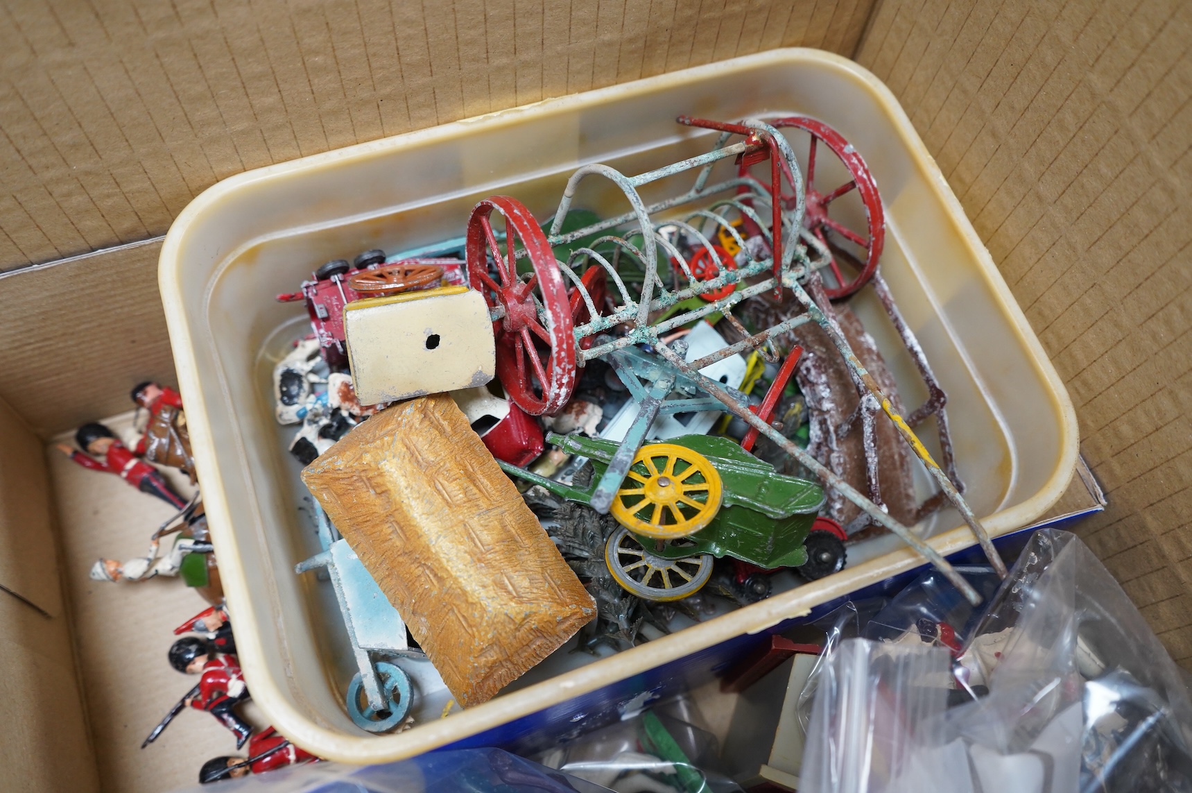 A quantity of diecast toys, plastic and lead soldiers, and 00 gauge model railway, including; a good quantity of Britains, etc. lead animals, Britains Deetail plastic soldiers, etc. Britains lead soldiers, farm equipment